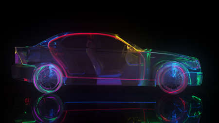 Glass car with neon lighting. The edges of the car are highlighted