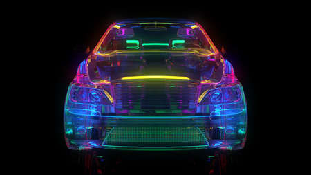 Glass car with neon lighting. The edges of the car are highlighted