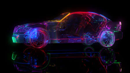 Glass car with neon lighting. The edges of the car are highlighted