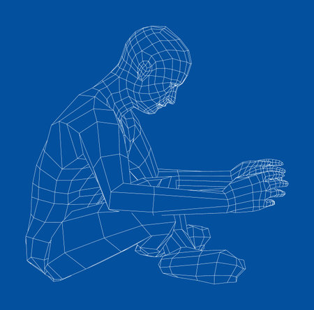 Wireframe man relaxing in lotus position. Vectorのイラスト素材