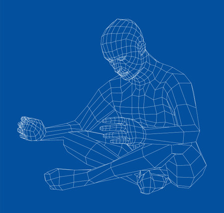Wireframe man relaxing in lotus position. Vectorのイラスト素材