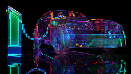 Charging modern electic car. Glass car with neon lighting
