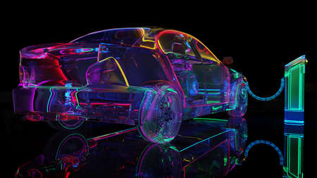 Charging modern electic car. Glass car with neon lighting