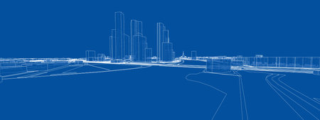 Vector 3d urban landscape. Buildings and roadsのイラスト素材