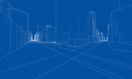Vector 3d urban landscape. Buildings and roadsのイラスト素材