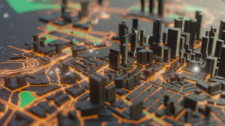 Abstract neon glowing Smart city with buildings and streetsの写真素材