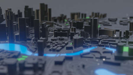 Abstract neon glowing Smart city with buildings and streetsの写真素材