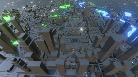 Abstract neon glowing Smart city with buildings and streets