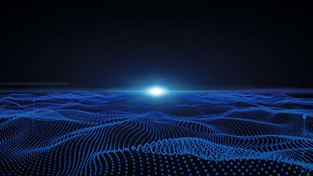 Particle field with animation of waves, bright lightの写真素材