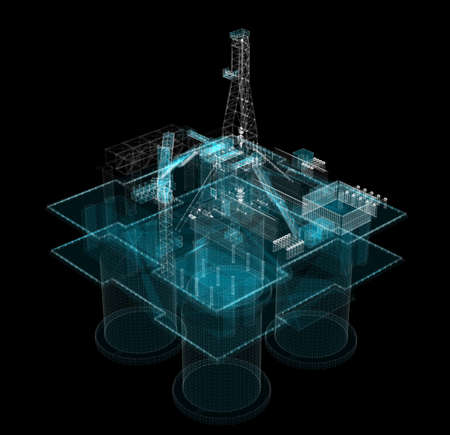 3d hologram of offshore oil platform of particlesの写真素材