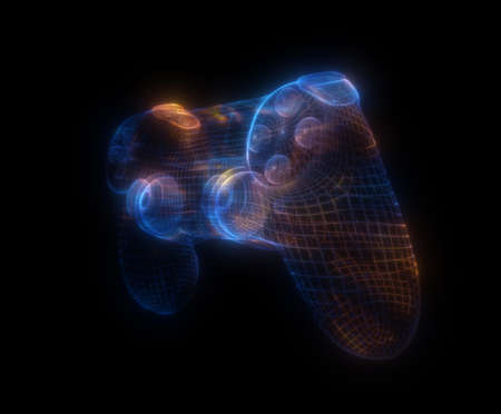 Video game controllers made of multicolored particles on black background