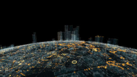 Spectacular aerial view of 3d city with bright glowing roadsの写真素材