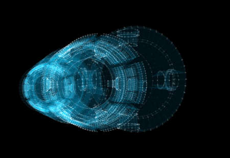 A glowing hologram of a mechanical object
