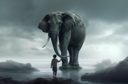 Northern Thailand: January 25, 2019: Boy staying between two elephants in an elephant farm for health-recovery and reproduction-management of elephantsの素材