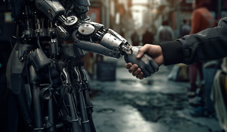 The hand of a metal robot shakes the hand of a man in a black jacketの素材
