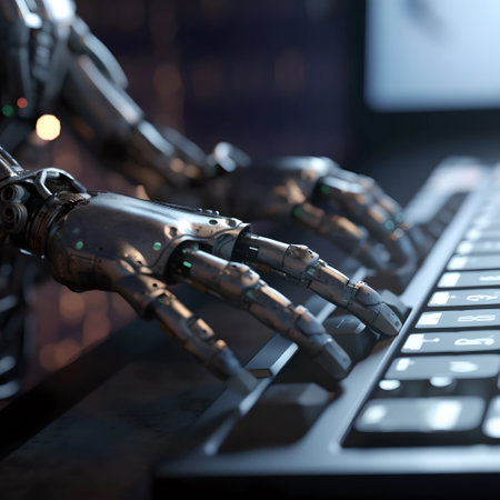 Robot hands typing on a laptop keyboardの素材