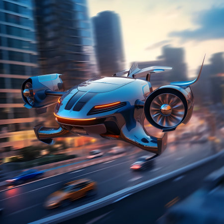 The flying car of the future flies in the cityの素材