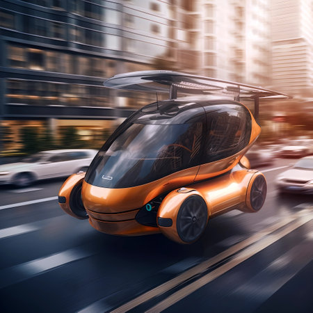 The flying car of the future flies in the cityの素材