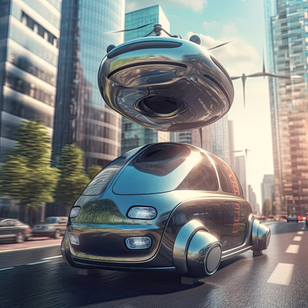 The flying car of the future flies in the cityの素材