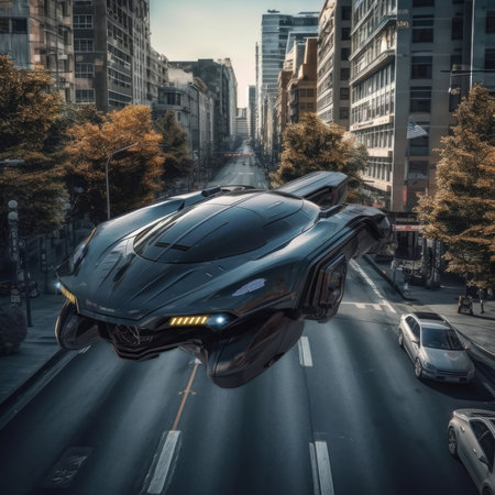 The flying car of the future flies in the cityの素材