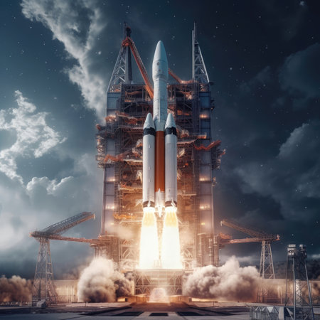 A large cargo rocket is launched from the launch padの素材