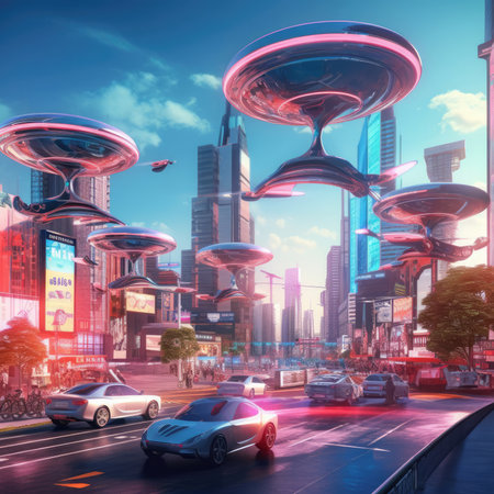 The city of the future with flying carsの素材