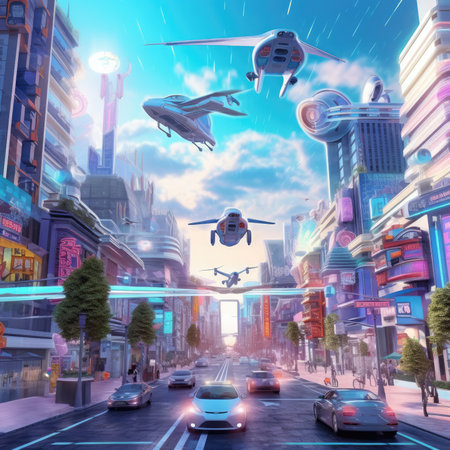 The city of the future with flying carsの素材