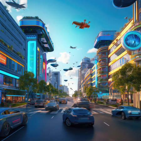 The city of the future with flying carsの素材