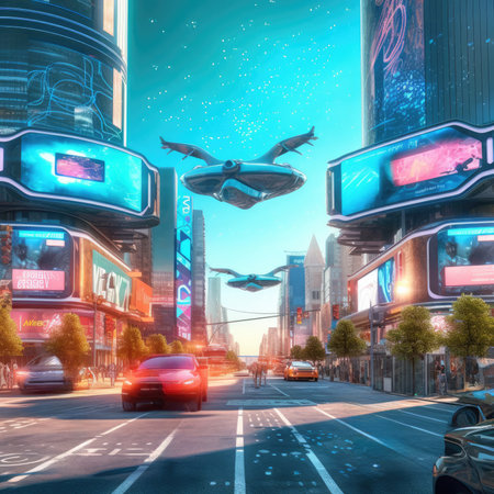 The city of the future with flying carsの素材