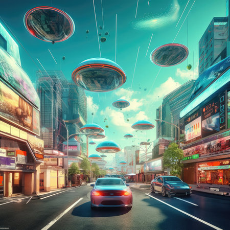 The city of the future with flying carsの素材