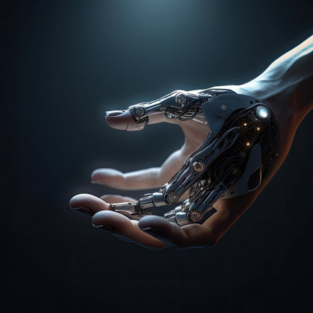 The hand of the robot of the future on a dark backgroundの素材