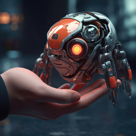 A human hand holding a small robotの素材