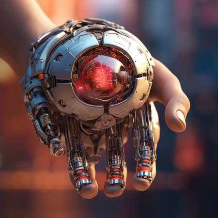 A human hand holding a small robotの素材