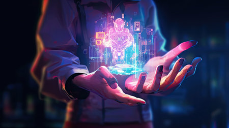 A person holds new technologies in his handsの素材