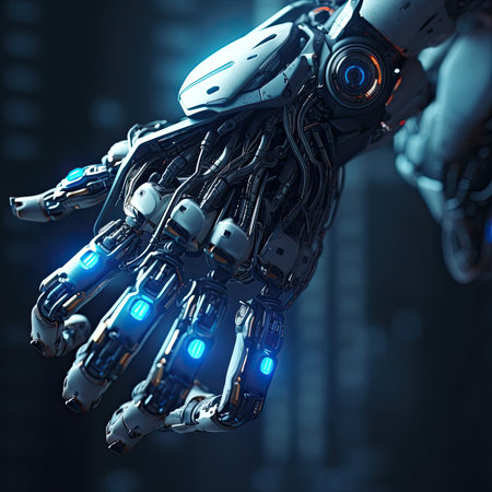 The hand of the robot of the future on a dark backgroundの素材