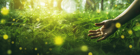 A hand reaches for the grass in a sunny bright forestの素材