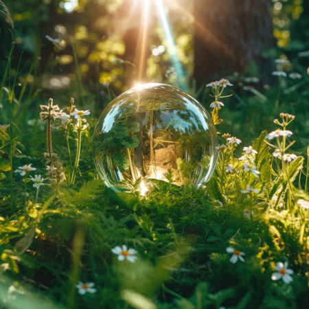 Glass sphere in the forest, grass and sunの素材