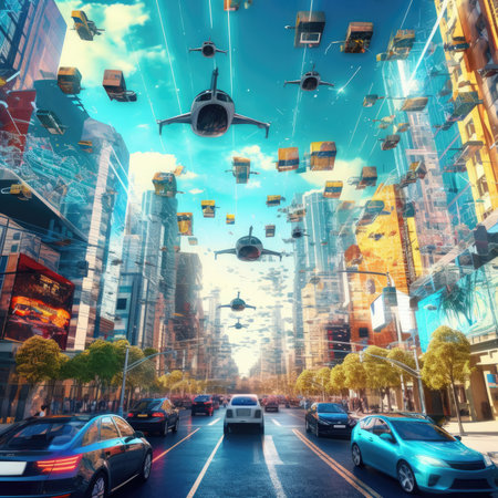 The city of the future with flying carsの素材