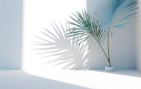 Light blue wall with shade and plant on the floor in a vaseの素材