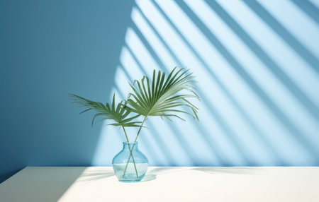 Light blue wall with shade and plant on the floor in a vaseの素材