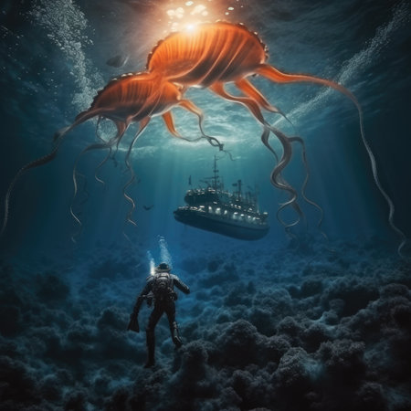 Man explores the depths of the oceanの素材