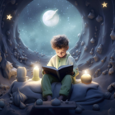 The little prince on the moon reads a bookの素材