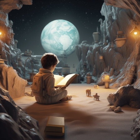 The little prince on the moon reads a bookの素材