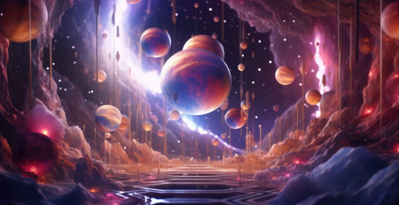 Glowing spheres on a dark backgroundの素材