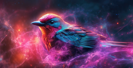 Magical little bird against the backdrop of spaceの素材