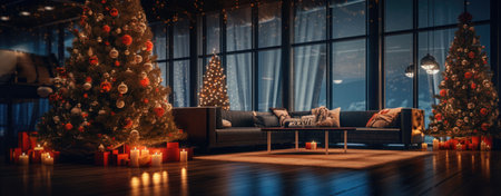 Christmas tree in a classic wooden interior at nightの素材