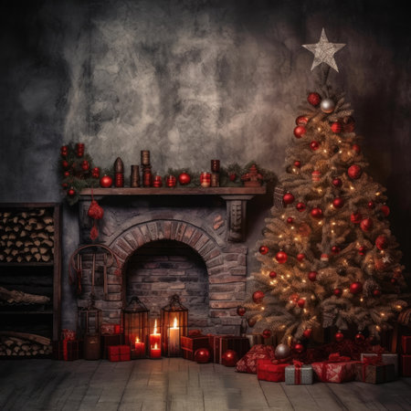 Christmas tree in a classic wooden interior at nightの素材