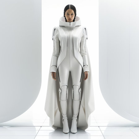 Woman in clothes of the future on a white backgroundの素材