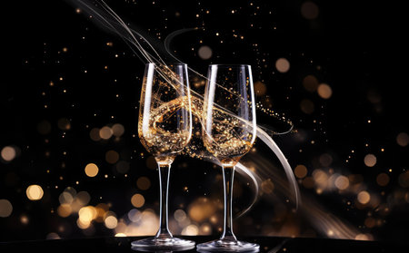 Two champagne glasses on a blurred gold backgroundの素材