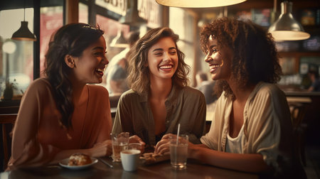 Three friends chatting in a cafe, smilingの素材